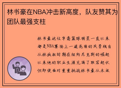 林书豪在NBA冲击新高度，队友赞其为团队最强支柱
