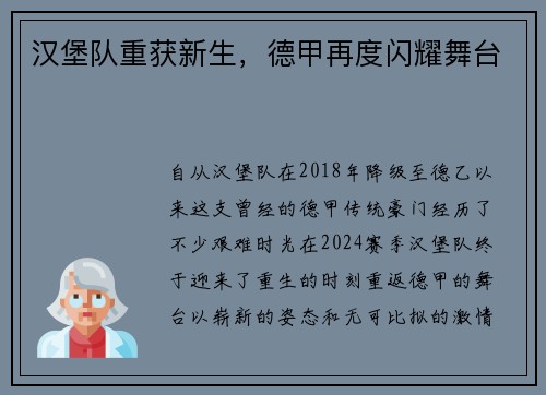 汉堡队重获新生，德甲再度闪耀舞台