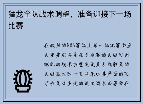 猛龙全队战术调整，准备迎接下一场比赛