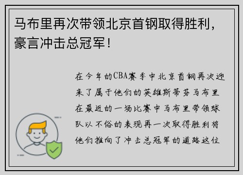 马布里再次带领北京首钢取得胜利，豪言冲击总冠军！